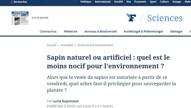Article du Figaro : " Sapin naturel ou artificiel : quel est le moins nocif pour l'environnement ?"