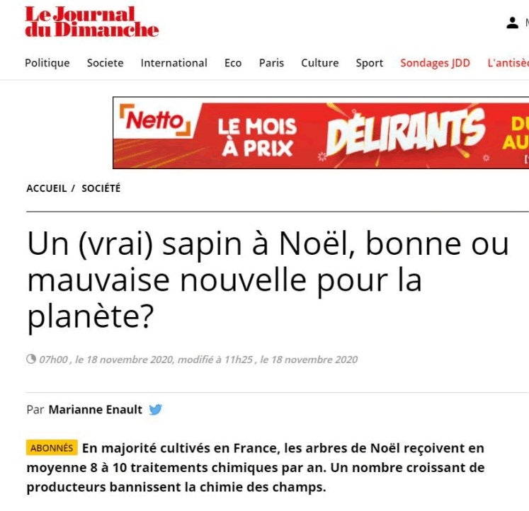 Article Journal du Dimanche "Un Sapin Noël bonne ou mauvaise nouvelle pour la planète"