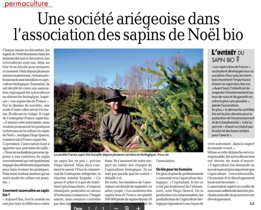 Article La Dépêche du Midi " Une société ariégeoise dans l'association des sapins de Noël bio"